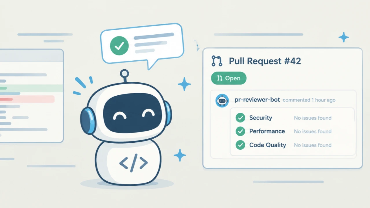 A friendly robot beside a GitHub pull request comment from pr-reviewer-bot showing Security, Performance and Code Quality all passing